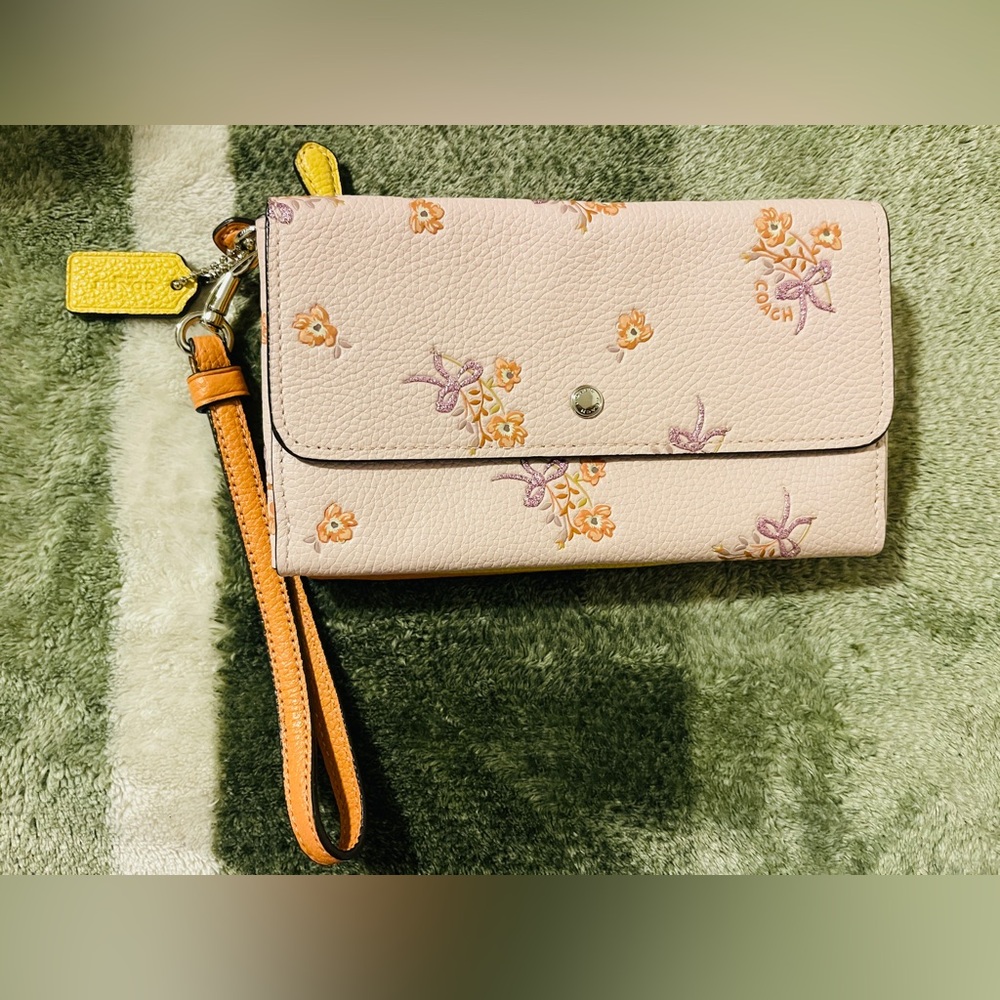 Coach Pink Floral Wristlet with Yellow Accents